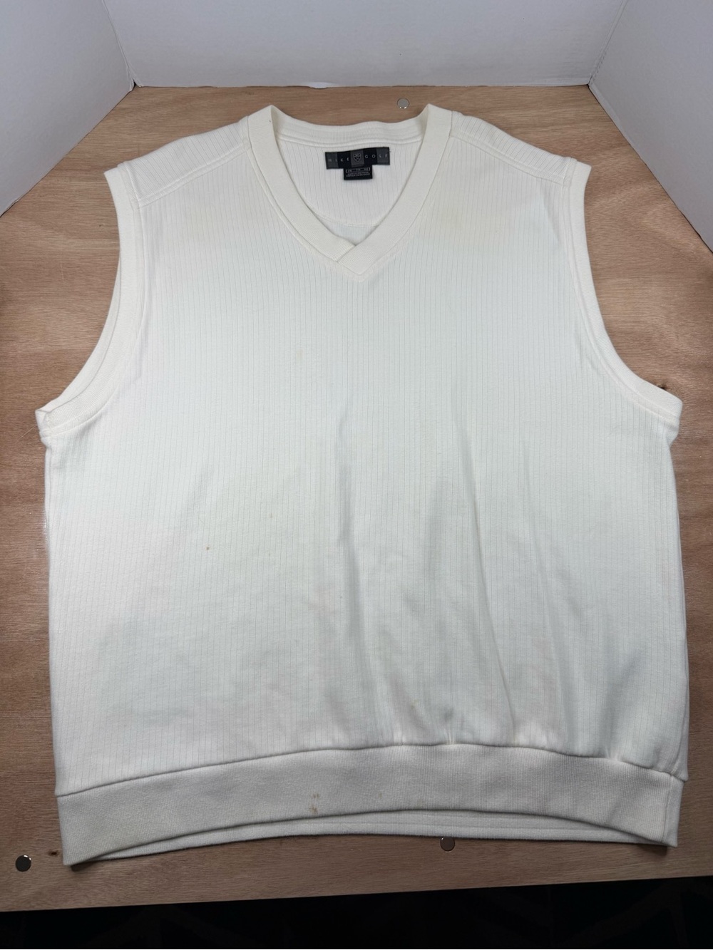 Nike Golf Sweater Vest Mens XL Cream Ribbed V Neck Sleeveless Cotton Blend